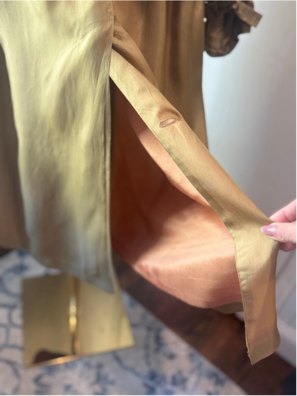 Vintage Silk Trench Coat Gold Bronze olive Iridescent Belted Duster Women’s L - Picture 10 of 16